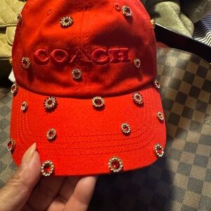 Coach Red Crystal-Embellished Baseball Cap